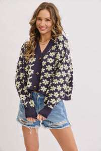The Soleil Bold Floral Cardigan: Navy – Cropped V-Neck Boxy Sweater