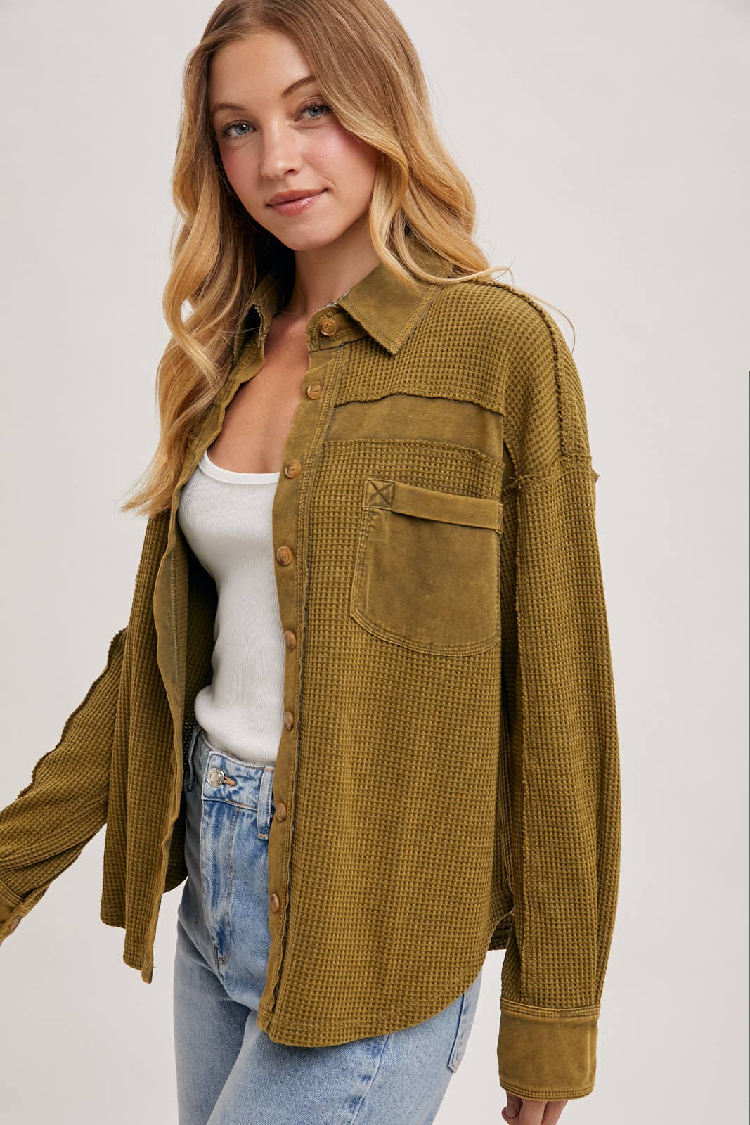 The Calla Thermal Contrast Shacket:Olive – Textured Button-Down Layer | Northern Belle Boutique