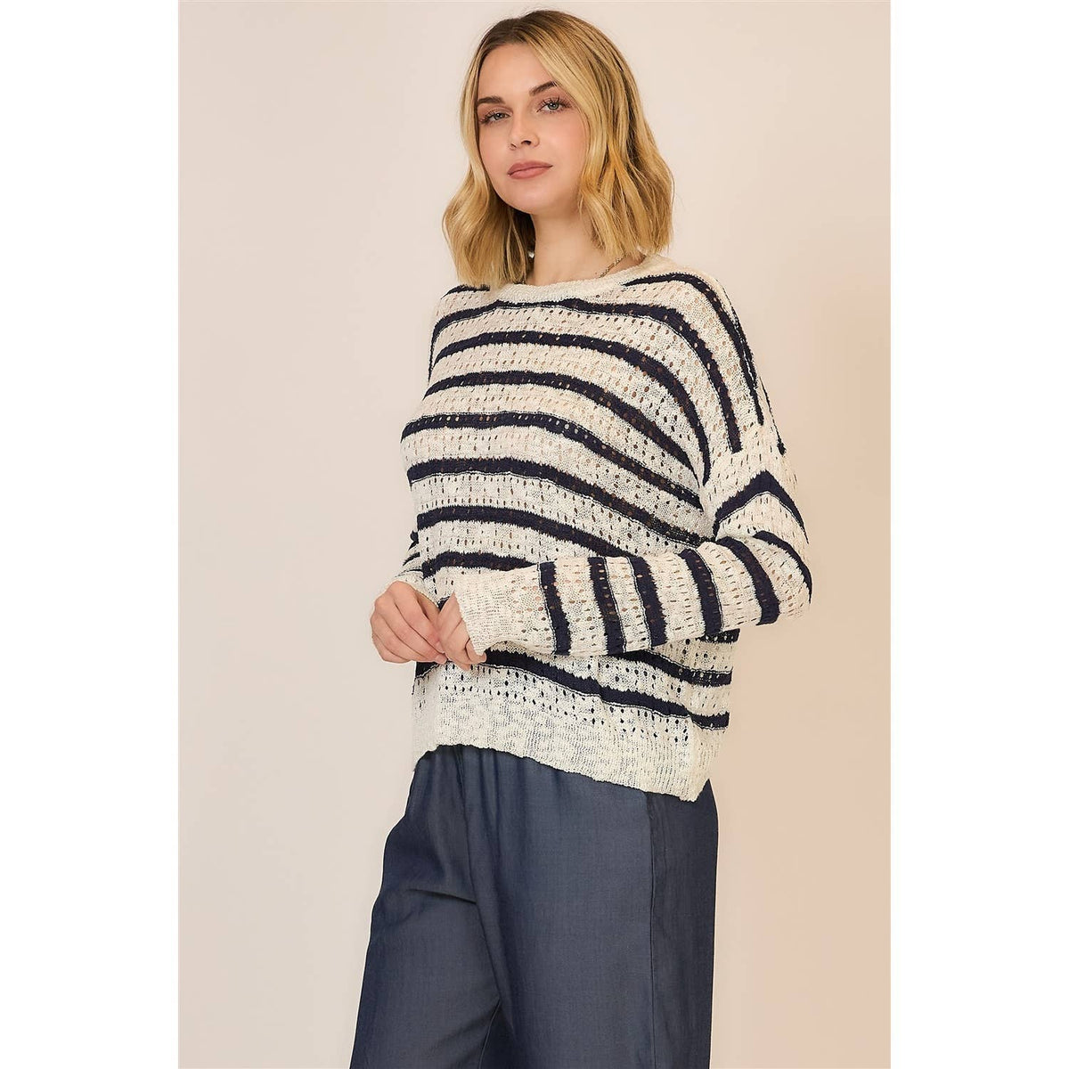 Classic Stripe Open Knit Sweater: Off White/Navy