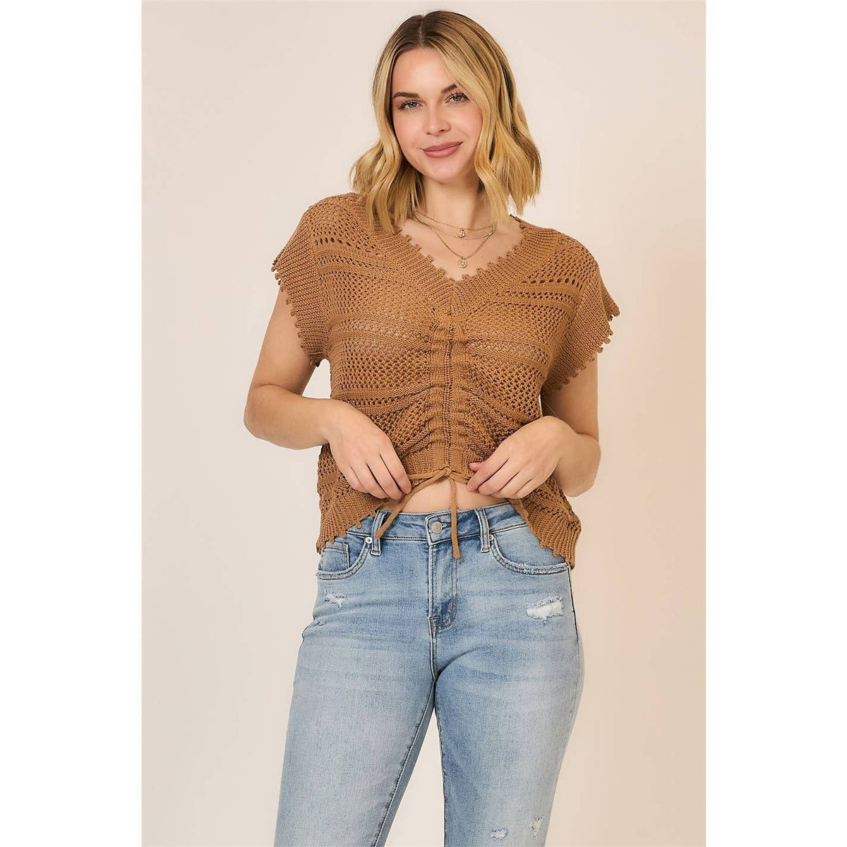 The Ava Ruched Knit Top: Camel