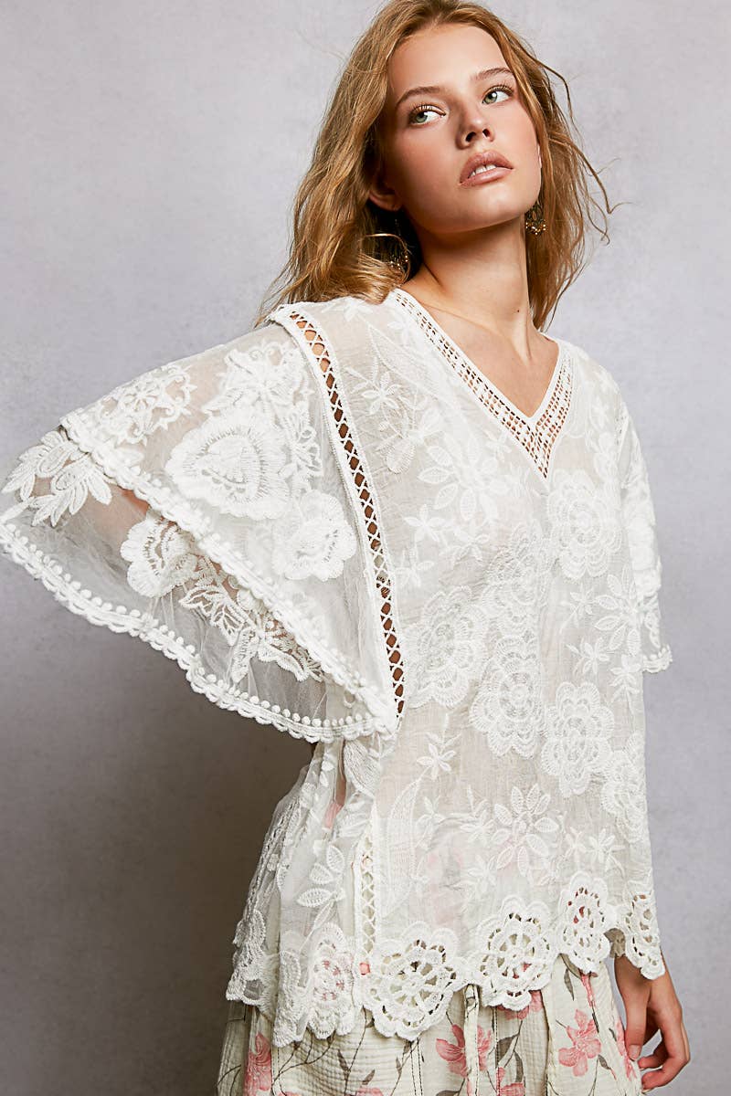 V-neck Short Sleeve Crochet Trim Solid Top: CAMEL / Os