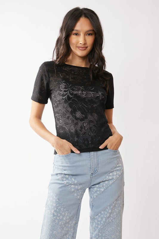 Willow Stretch Lace Short Sleeve Top | Floral Power Mesh Tee