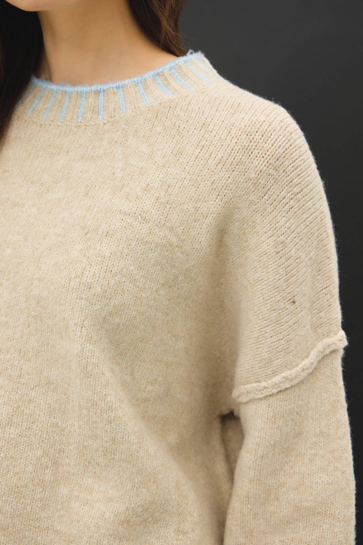 Fine Line Contrast Stitch Sweater: Oatmeal/ Ice Blue