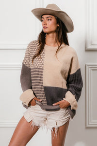 Isla Mixed Pattern Cozy Sweater: Oatmeal/Navy/ Grey