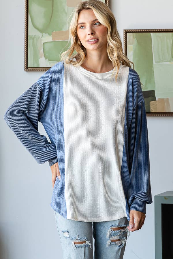 Miley Ribbed Off The Shoulder Knit Long Sleeve Casual Top: Denim Blue