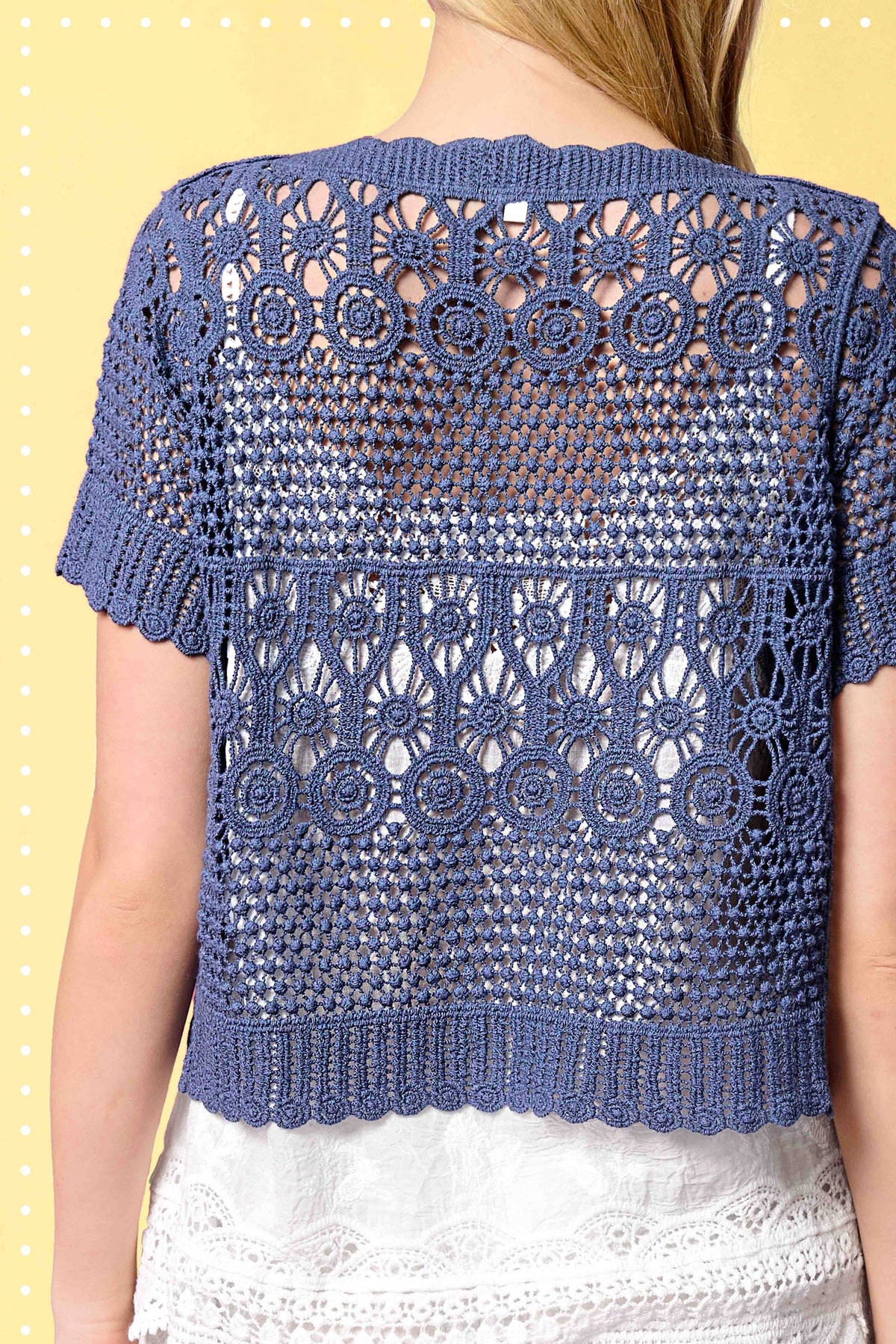 The Freya Crochet Cardigan Top: Indigo– Boho Open Knit Button Front Lace Top