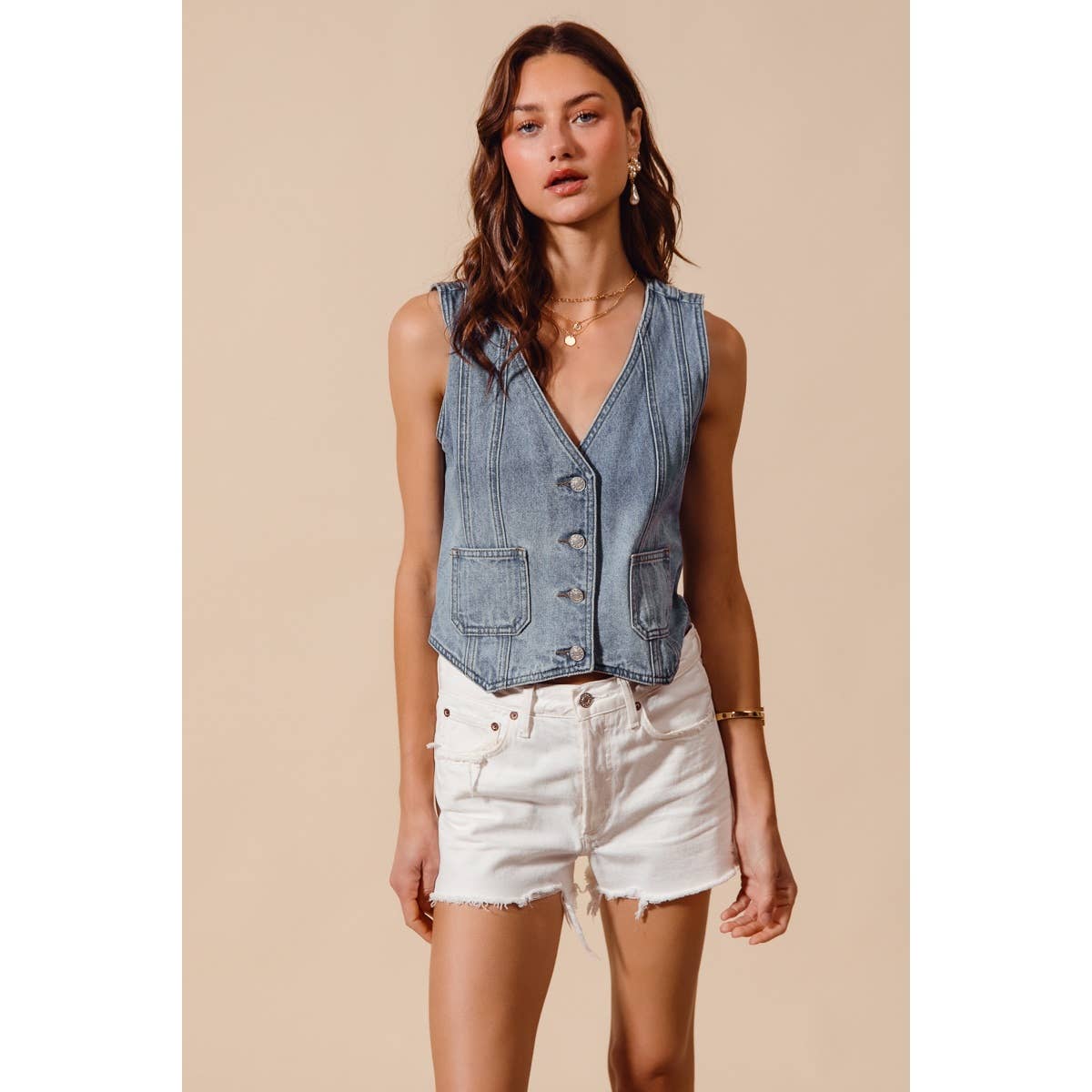 The Hudson Denim Vest: Light Wash  – Vintage Wash Button Front Denim Top