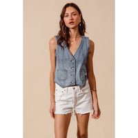 The Hudson Denim Vest: Light Wash  – Vintage Wash Button Front Denim Top