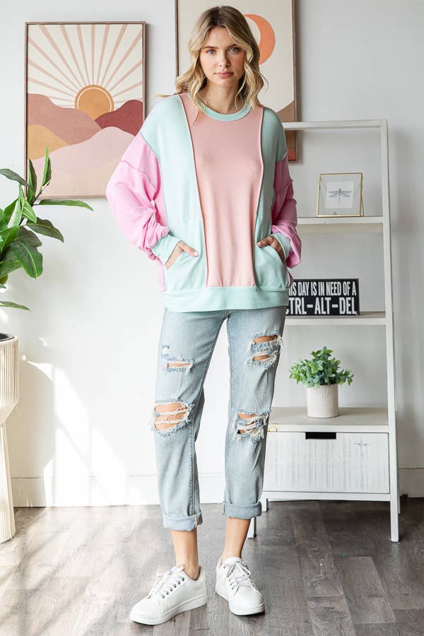 Amiee Sping Colorblock Pullover Crew Neck Long Sleeve Top: Mint