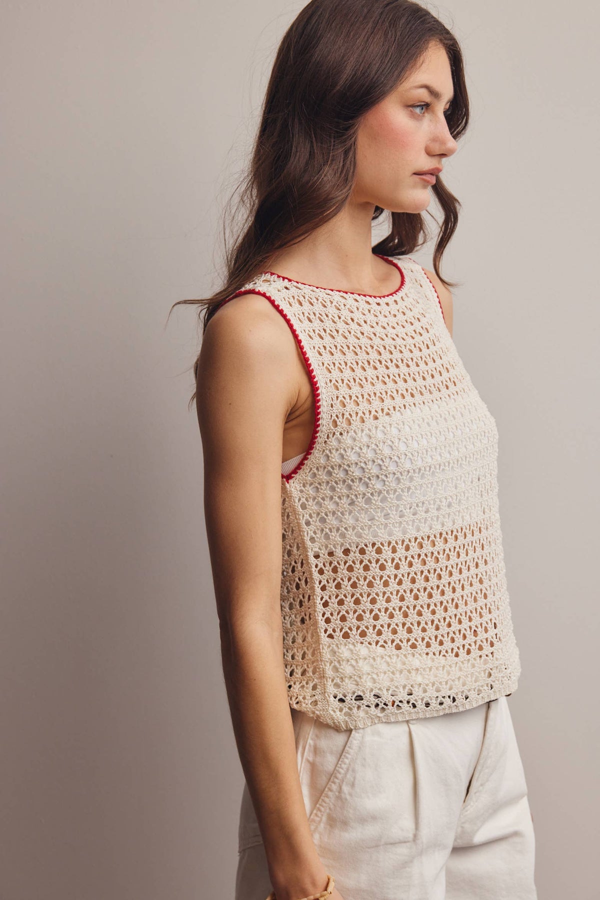 The Juniper Crochet Knit Top: Ivory Red – Sleeveless Boat Neck Lightweight Boho Tank