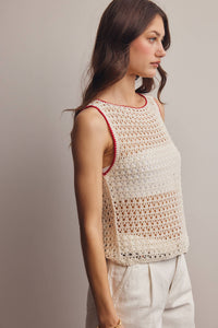 The Juniper Crochet Knit Top: Ivory Red – Sleeveless Boat Neck Lightweight Boho Tank