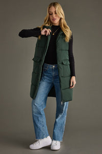 The Aspen Longline Puffer Vest – Quilted Fall Layer with Pockets (Brown & Hunter Green)