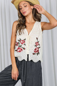 Eyelet Boho Floral Embroidery Patchwork Cotton Vest VT82314: Cream / L