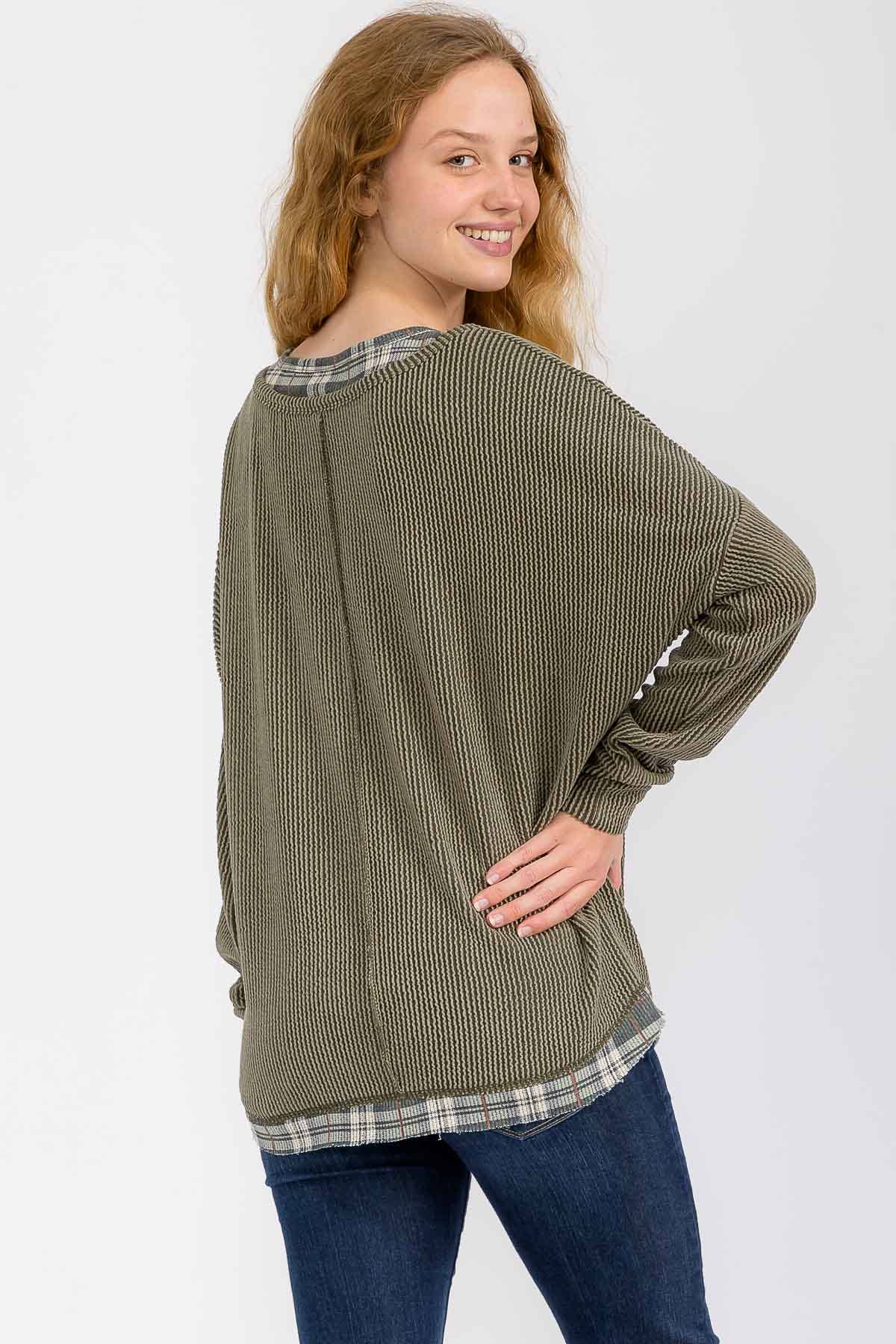 The Wren Plaid Trim Waffle Knit Top – Olive
