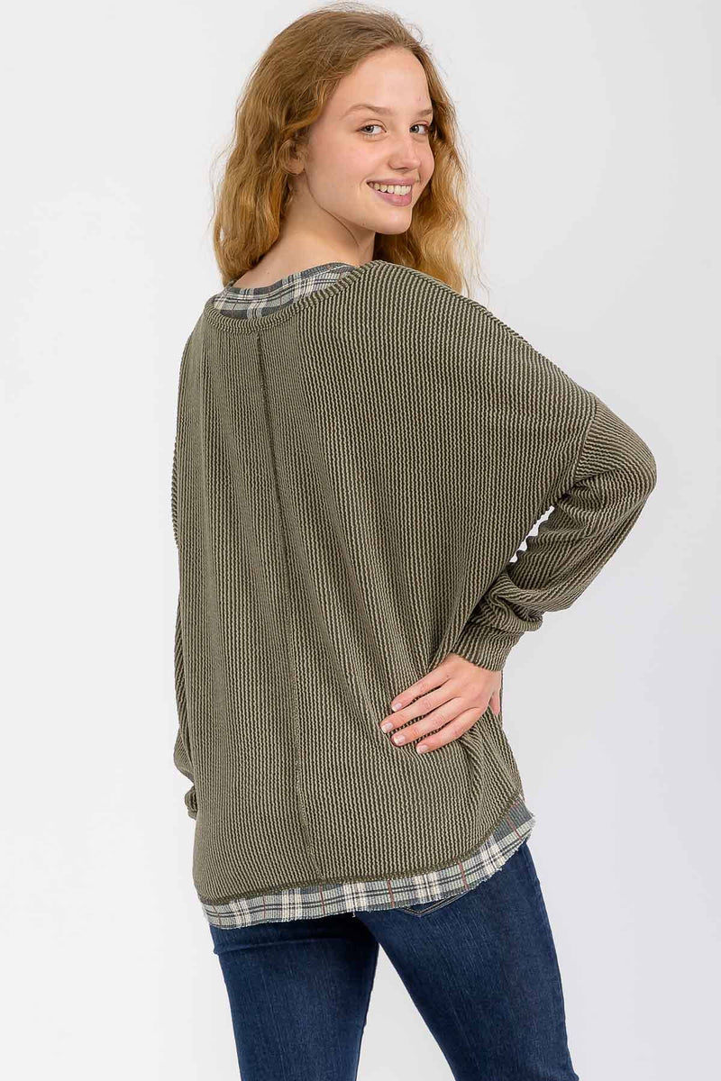 The Wren Plaid Trim Waffle Knit Top – Olive