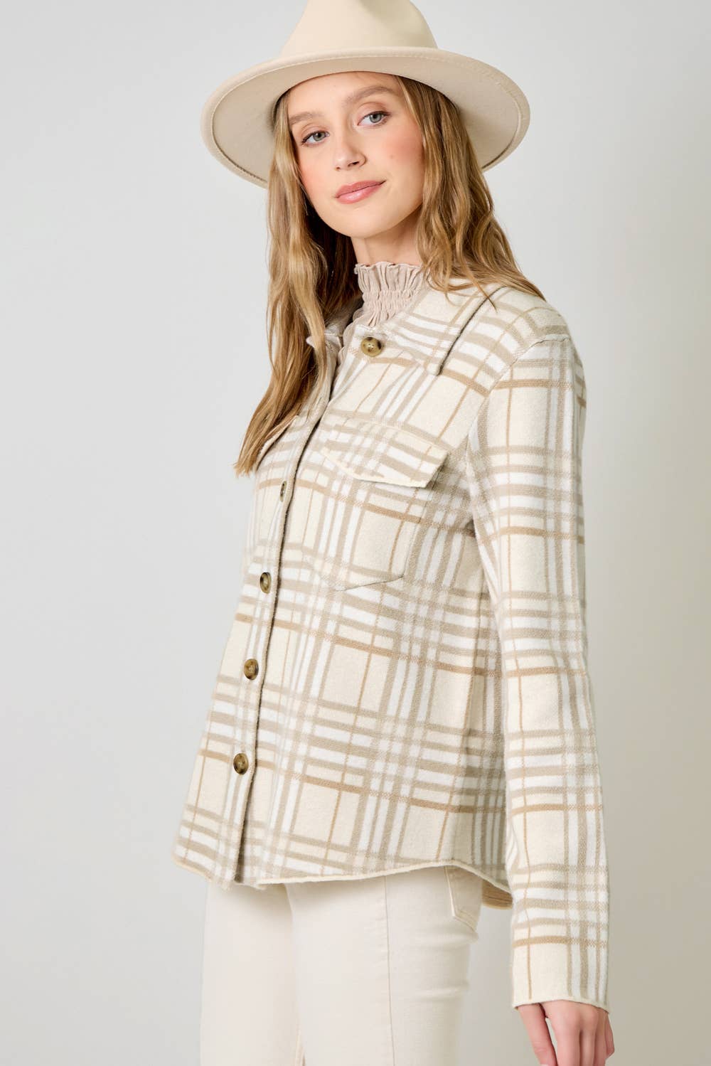 Maribel Check Pattern Sweater Shacket – Button-Down Shacket with Chest Pockets & Hi-Lo Hem