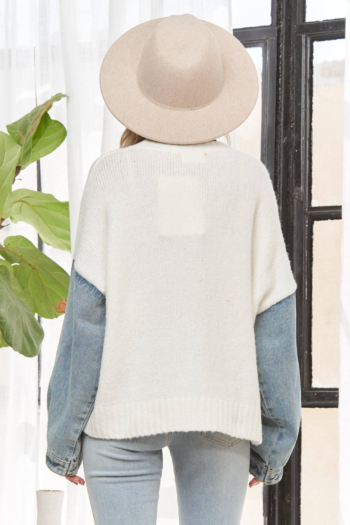 The Brinley Denim Sleeve Color Block Sweater – Cozy Mixed Knit Pullover