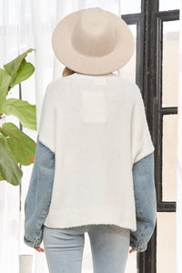 The Brinley Denim Sleeve Color Block Sweater – Cozy Mixed Knit Pullover