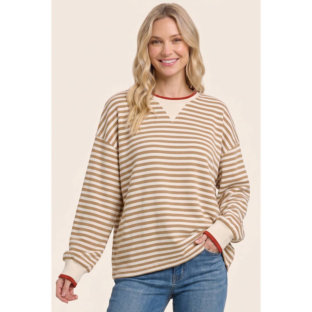 RELAXTED FIT STRIPED SWEATSHIRT: CAMEL / S-M-L-XL(2-2-2-1)