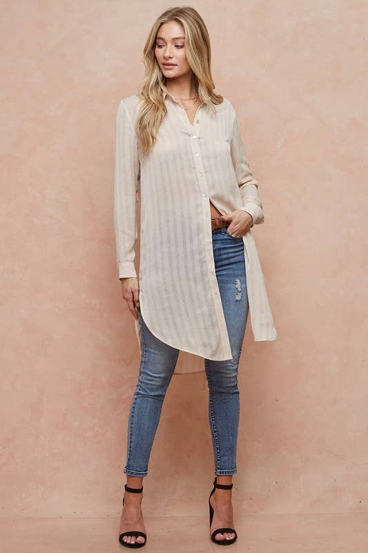 Cabo Semi Sheer Button Down Shirt Duster: Nude