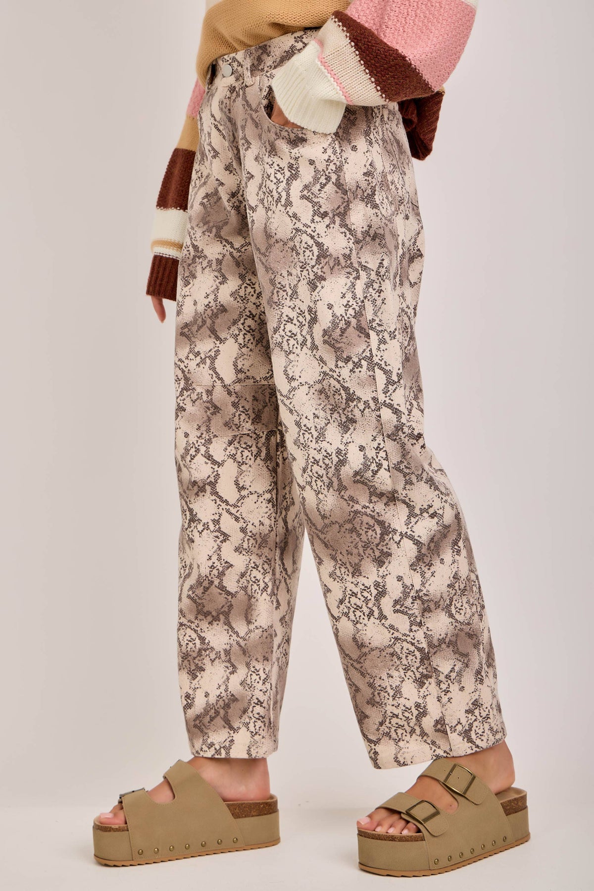 Wild Side Snakeskin Barrel Pants: vintage taupe