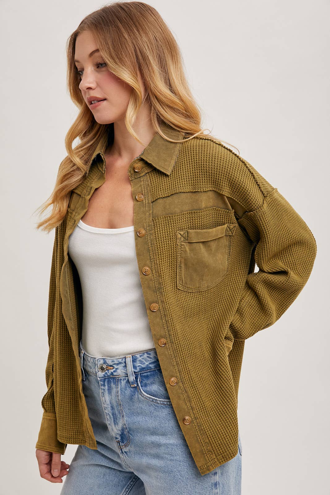 The Calla Thermal Contrast Shacket:Olive – Textured Button-Down Layer | Northern Belle Boutique