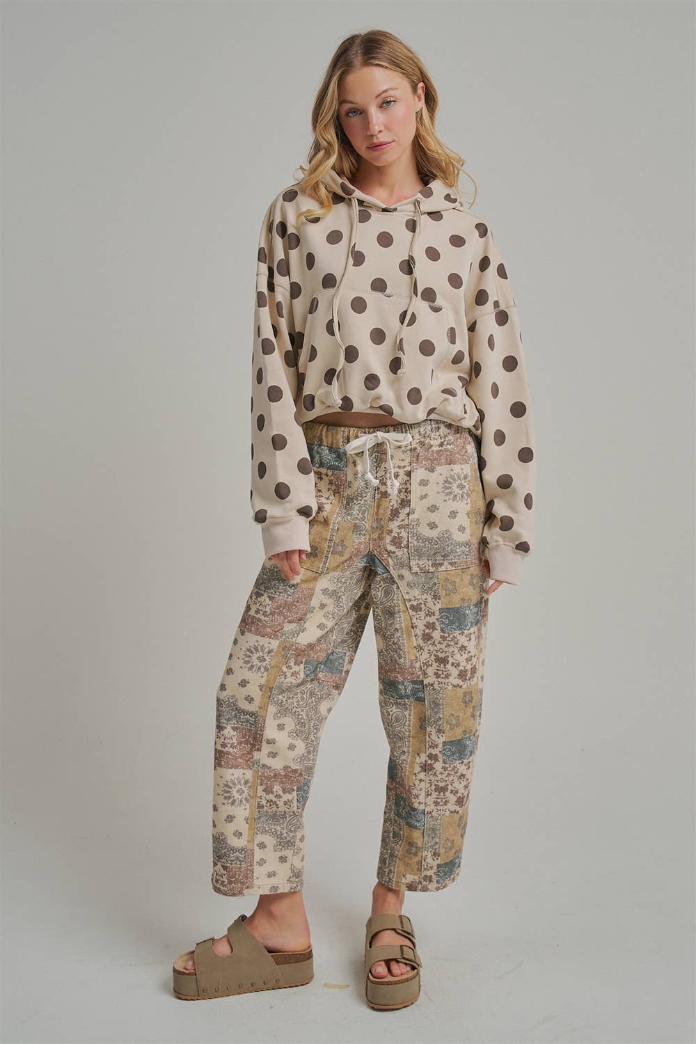 Autumn Story Patchwork Mid Rise Elastic Waist Drawstring Pants