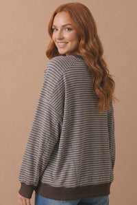 The Plot Twist Stripe Pullover: Brown/ Grey Stripe