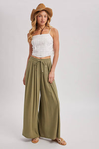 The Everly Flowing Wide Leg Pants: Lt Olive – High Waist Drawstring Palazzo