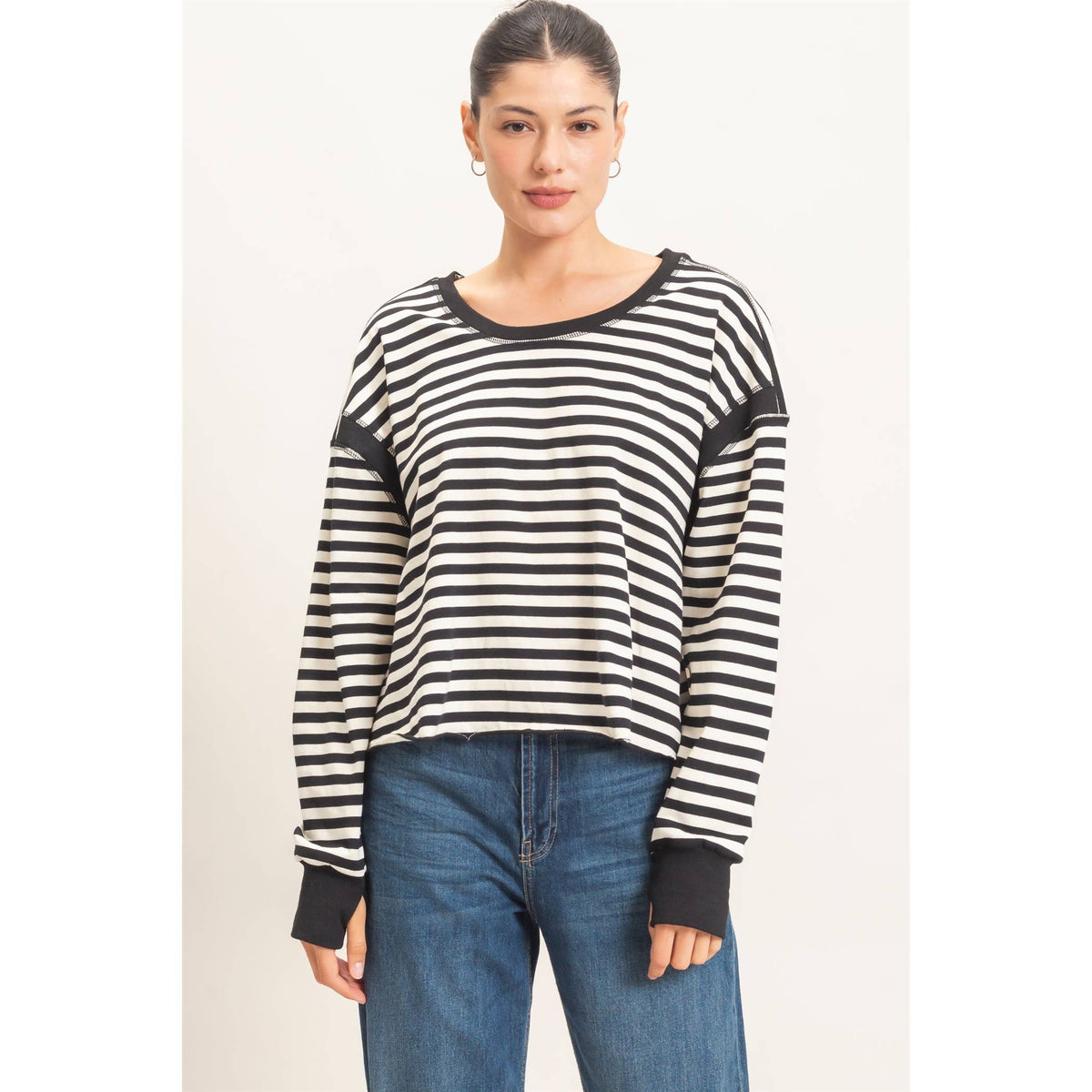 Striped Long Sleeve Top: MOCHA / S-M-L(2-2-2)