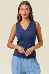 Alessia V-Neck Frill Trim Knit Tank – Women’s Sleeveless Ribbed Layering Top