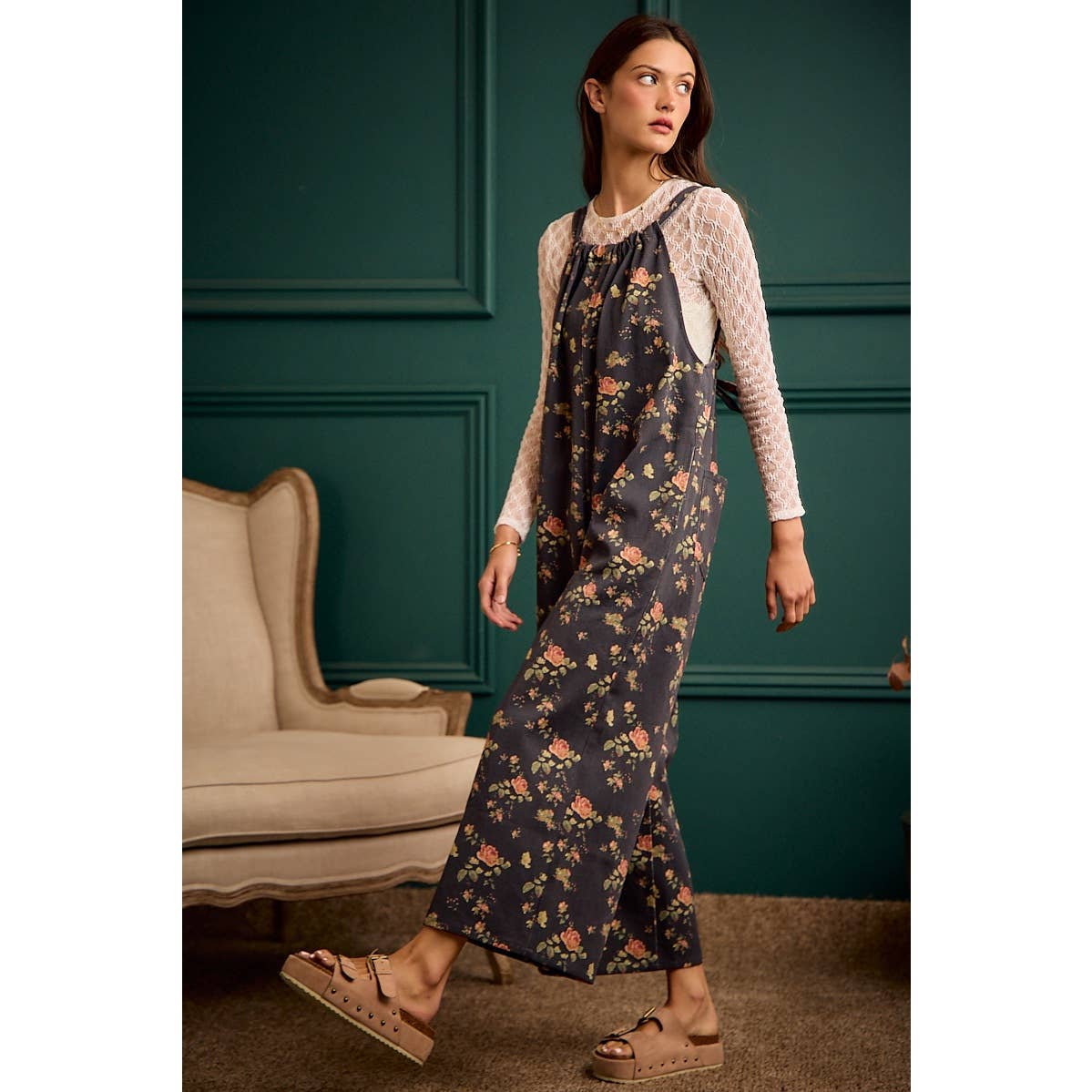 Rosewood Floral Wide Leg Overall Jumpsuit