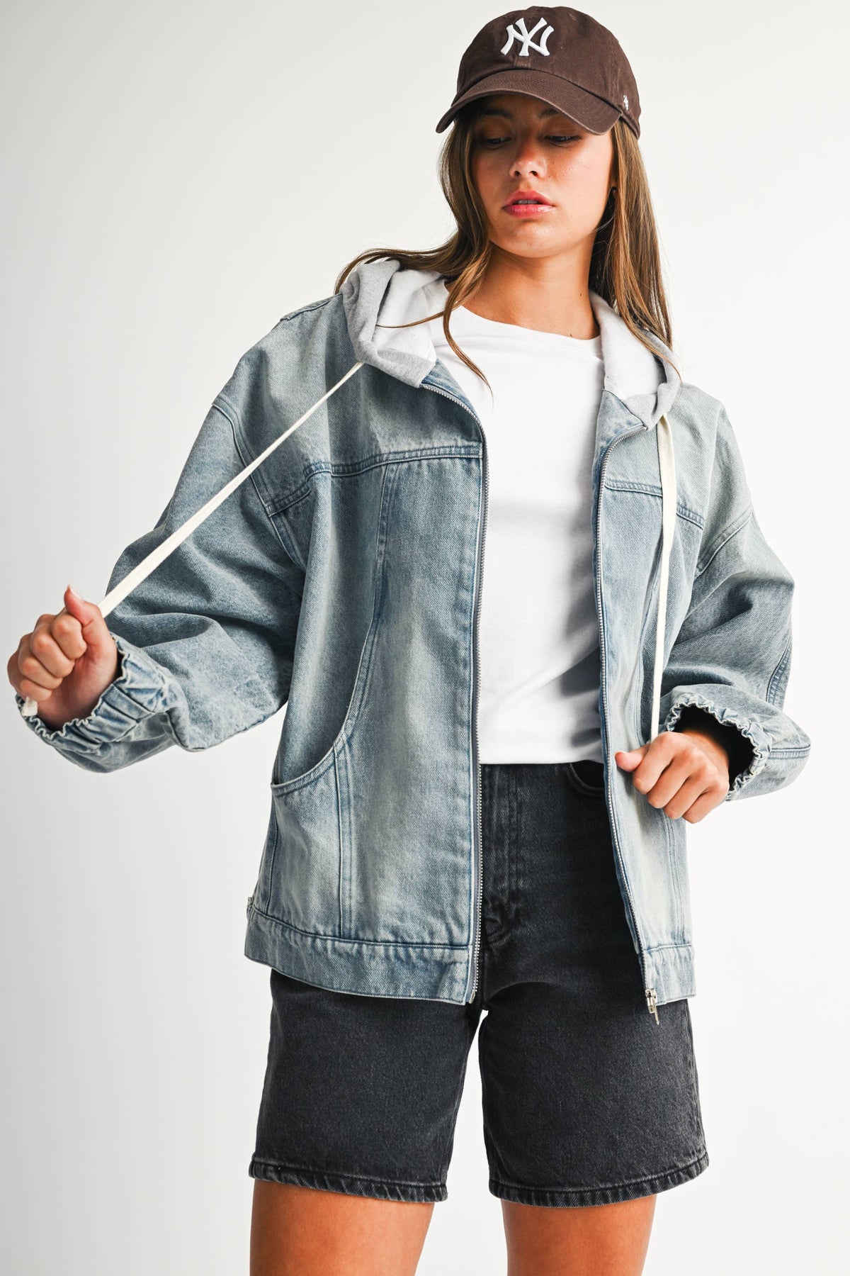 Off the Clock Mineral Wash Denim Hoodie Jacket: Light Wash