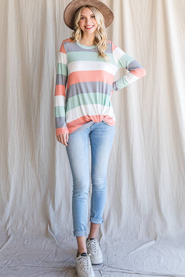 Polly Spring Stripe Ribbed Long Sleeve Casual Top: Coral/Multi