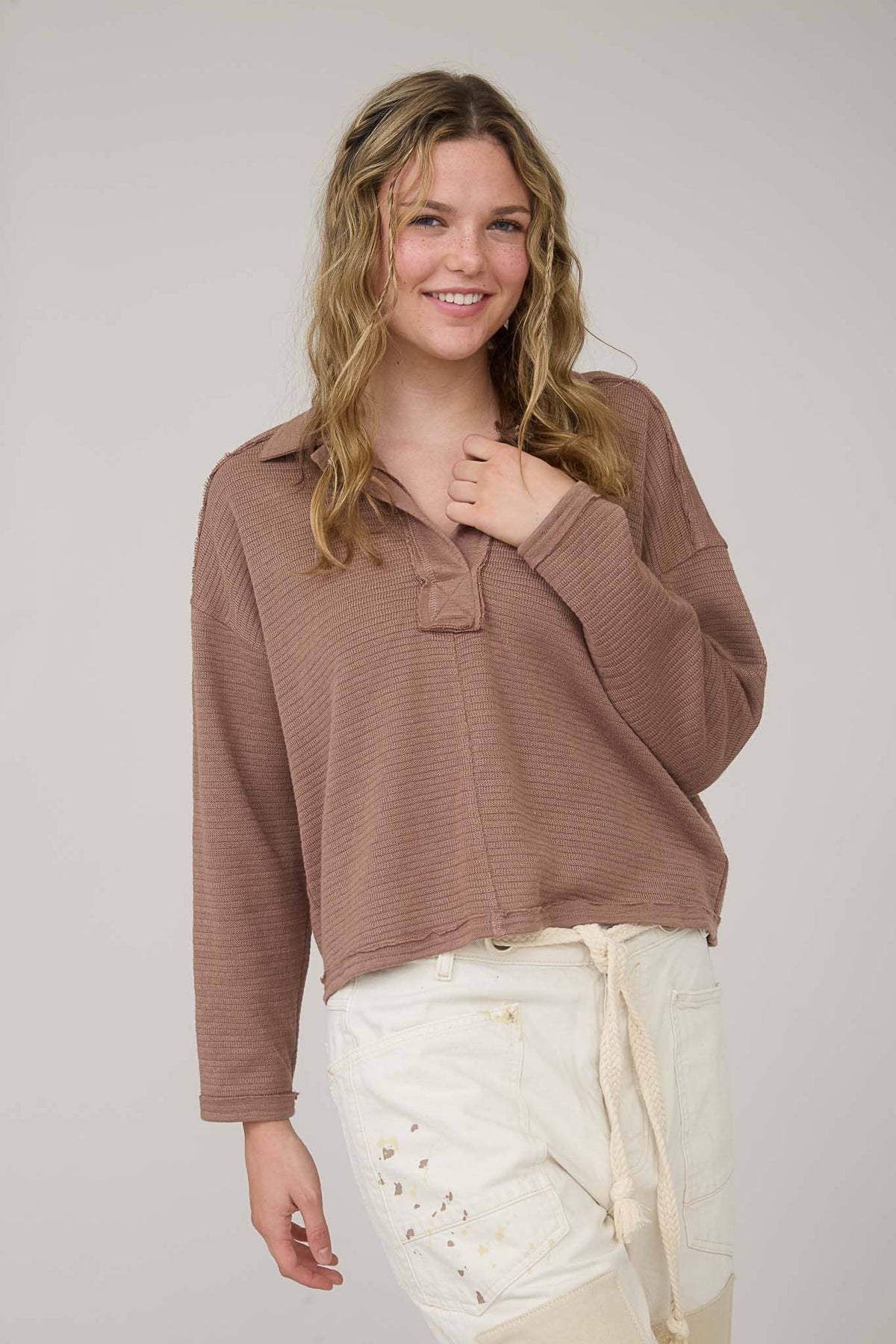Cranberry Lane Collared Knit Top – Relaxed Raw-Edge Holiday Pullover | Northern Belle Boutique