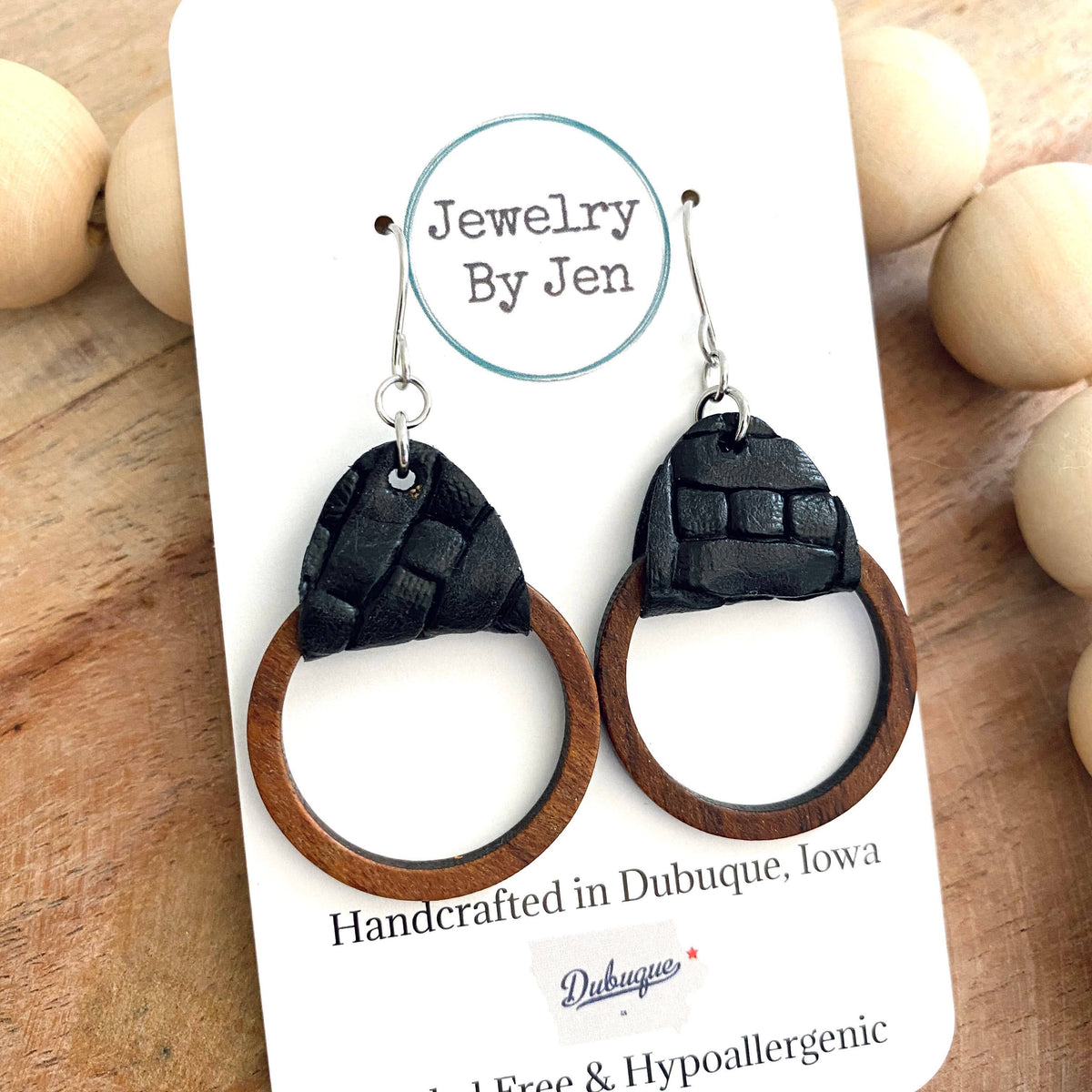 Camden Leather & Wood Hoop Earrings – Genuine Leather, Nickel-Free Hypoallergenic Jewelry
