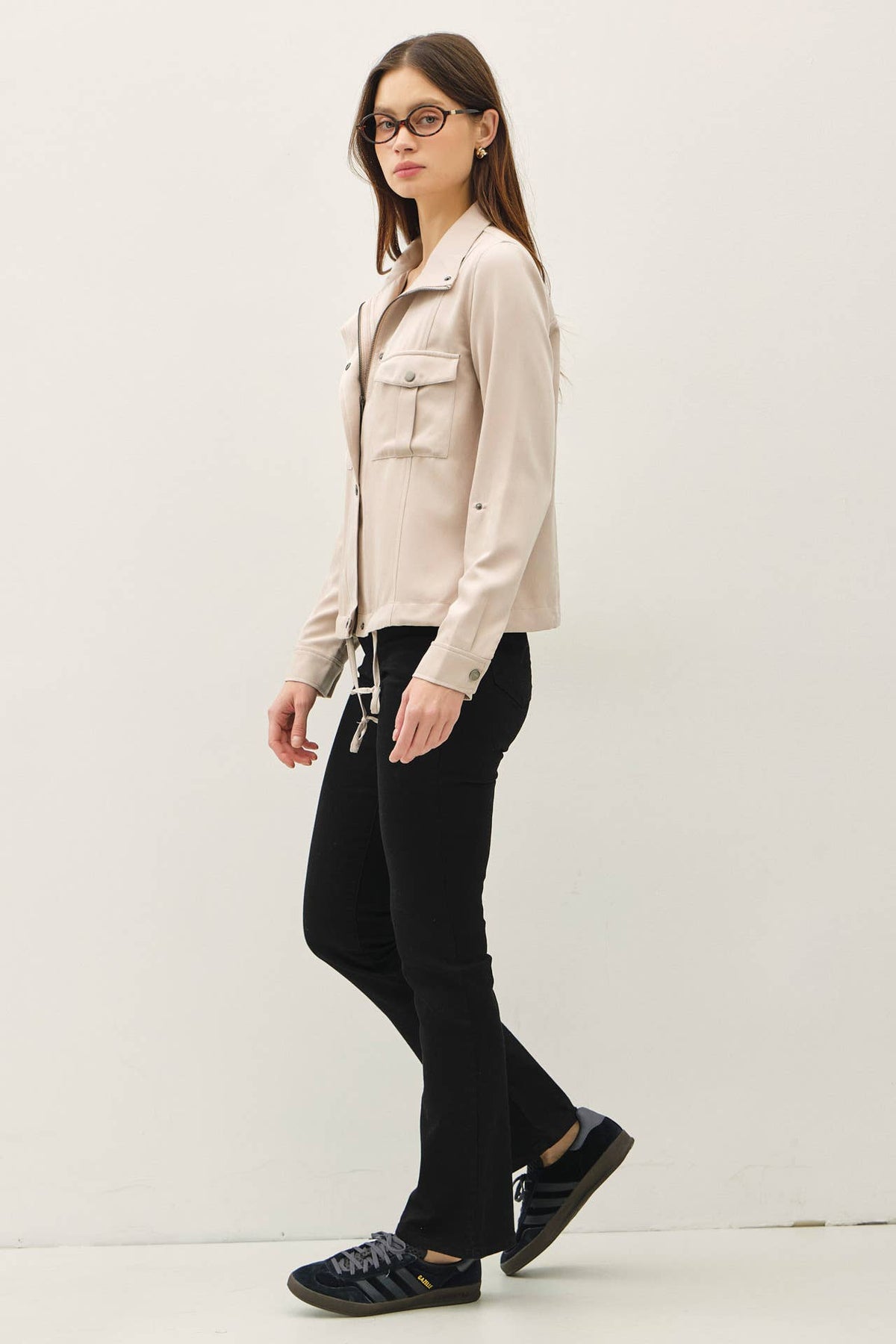 The Monroe Safari Utility Jacket: Natural – Cropped Soft Drawstring Casual Outerwear