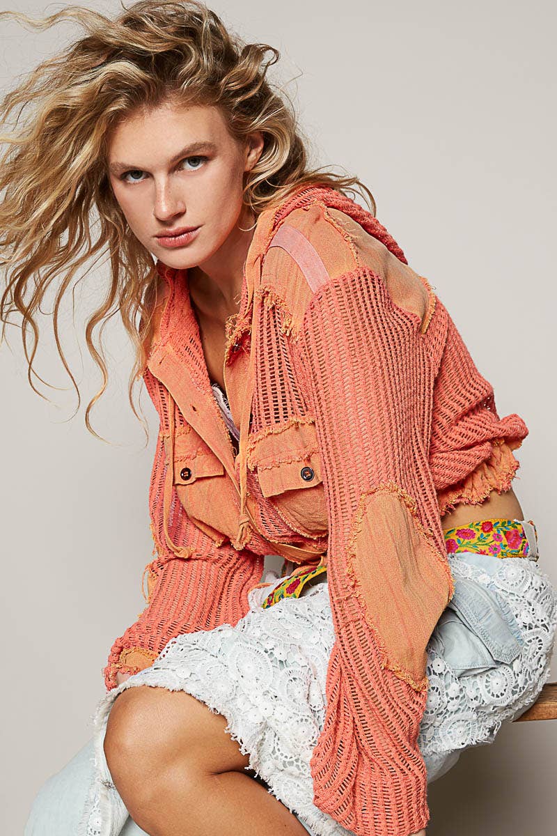 Caroline Open Knit Hooded Shacket: Coral