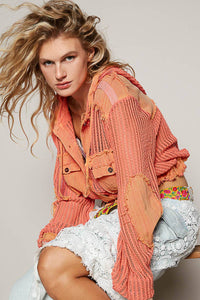 Caroline Open Knit Hooded Shacket: Coral