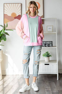 Amiee Sping Colorblock Pullover Crew Neck Long Sleeve Top: Mint