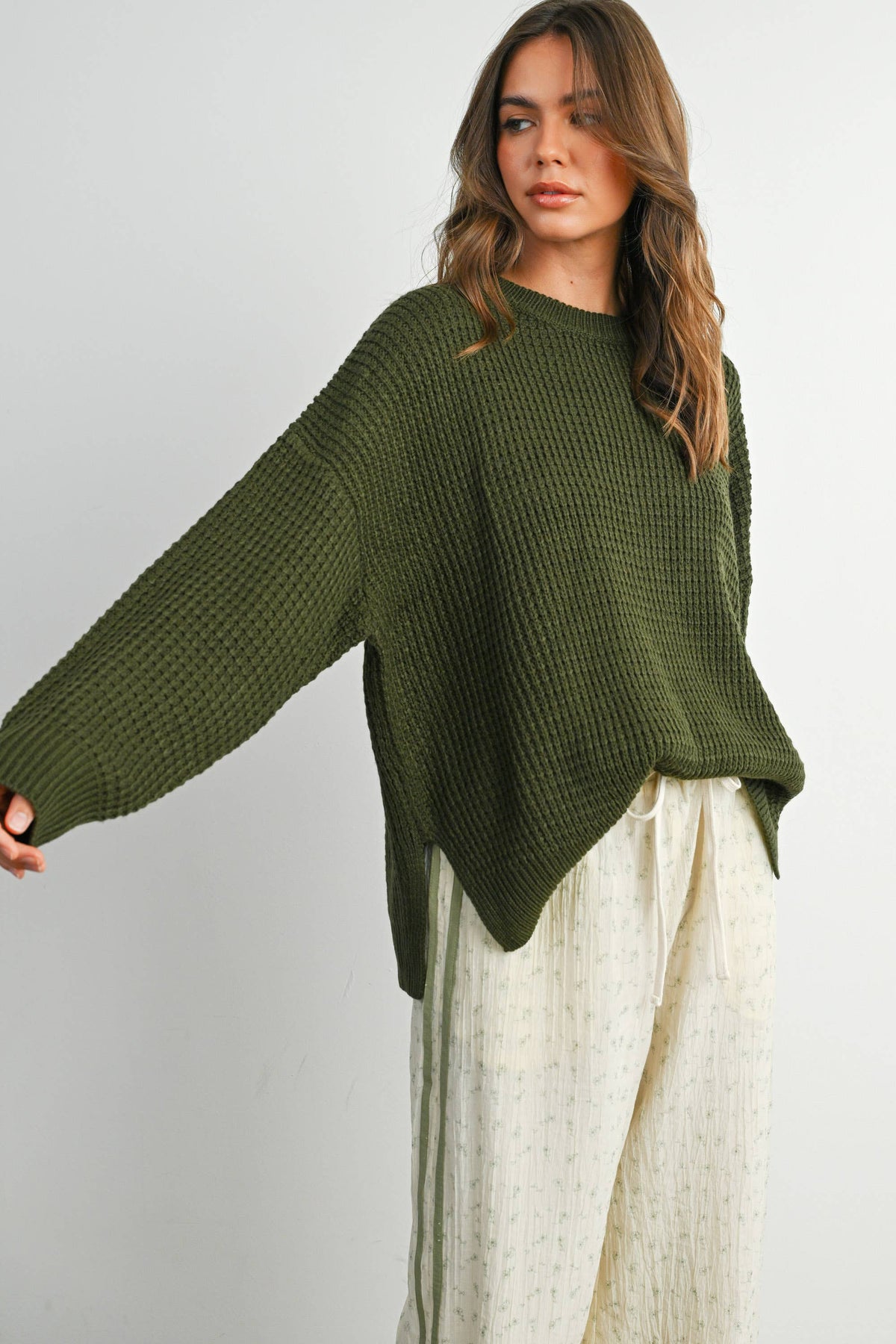 Everyday Essential Waffle Knit Sweater: Olive