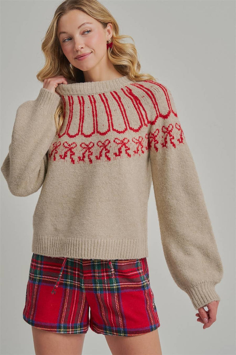 Tied with a Bow Holiday Sweater: Taupe/ Red