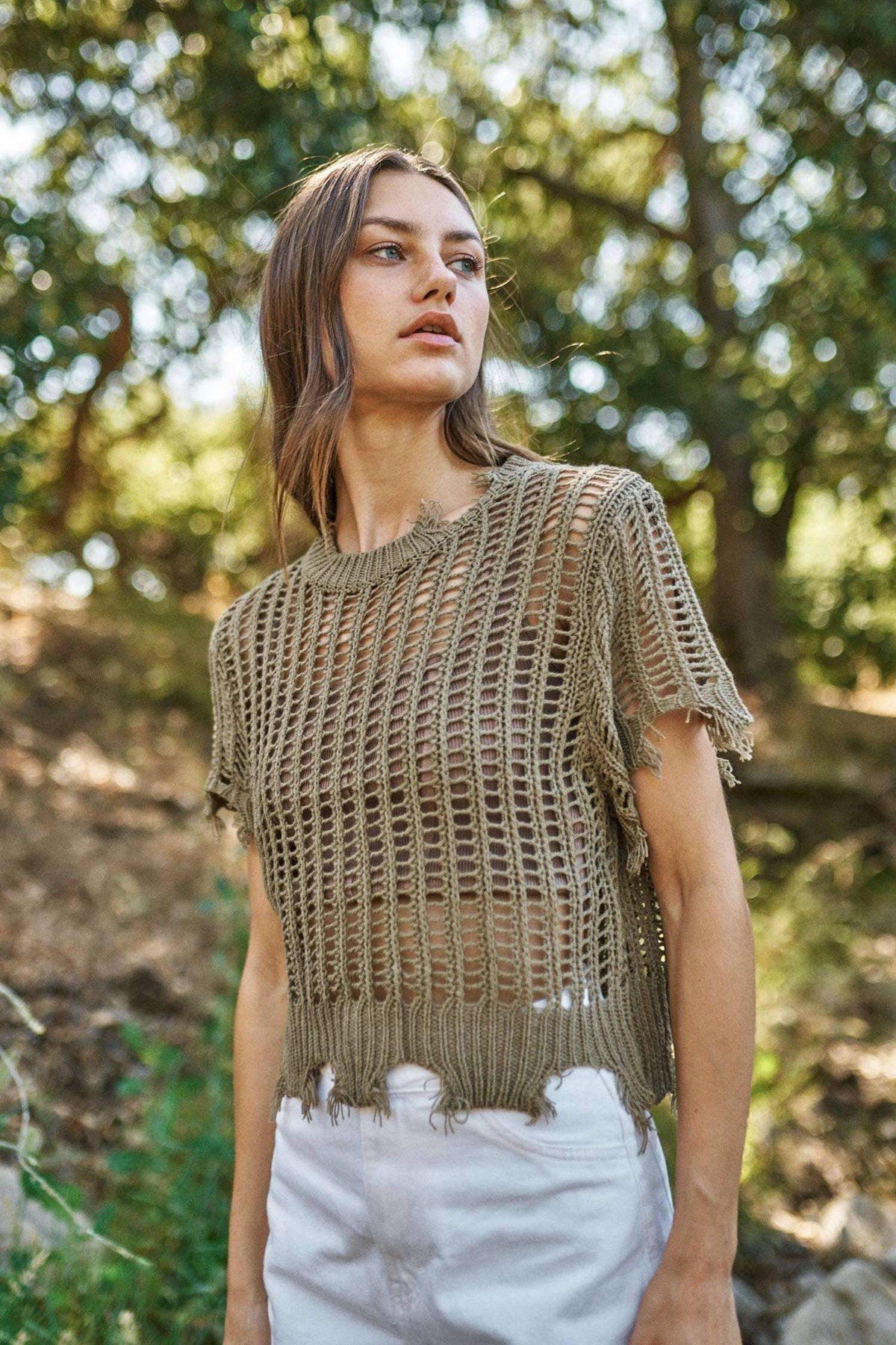 Sunny Daze Distressed Crochet Crop Top: Olive