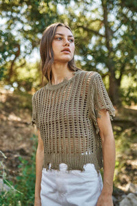 Sunny Daze Distressed Crochet Crop Top: Olive