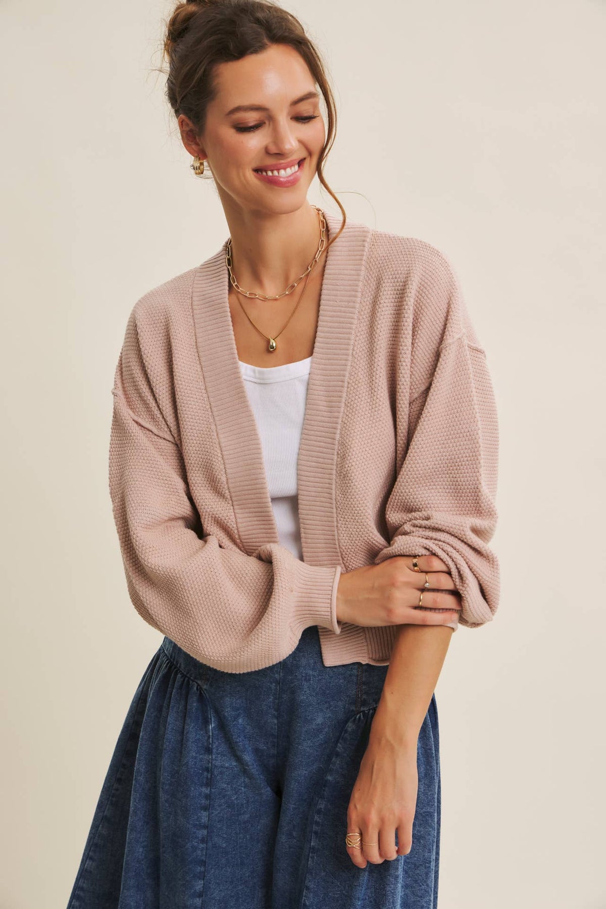 EVERYDAY ESEENTIAL EASY LAYERING BALLOON SLV WAFFLE CARDIGAN: OLIVE / L