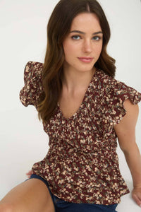 The Willa Smocked Floral Peplum Top – Burgundy Ruffle Sleeve Blouse