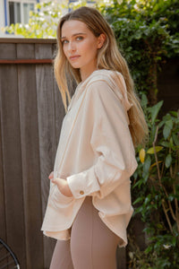 Gabby Exposed Seam Half Button Hoodie Top: Ivory