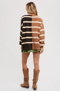 Nikki Striped Color Block Sweater: Mocha Combo