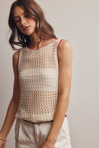 The Juniper Crochet Knit Top: Ivory Red – Sleeveless Boat Neck Lightweight Boho Tank