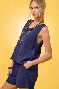 The Haven Gauze Lounge Set: Galaxy Blue – Sleeveless Top & Elastic Waist Pants Matching Set